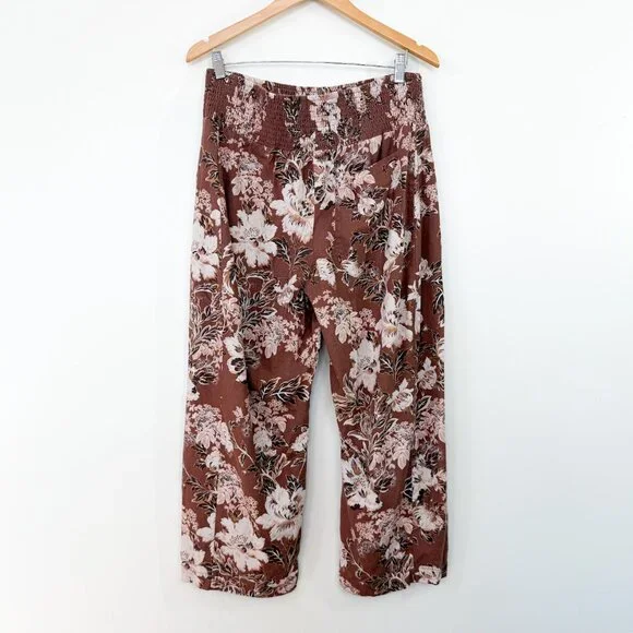 Anthropologie Linen Barrel Leg Floral Reese Smocked Pull On Pants Size Large - Picture 6 of 10